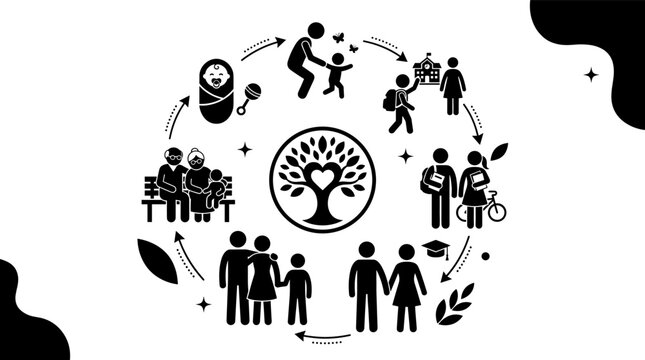 Contemporary flat vector icon set featuring the human aging process and family life journey from babyhood to elderly age.