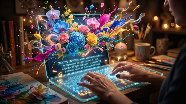 A close-up of a designer's hands typing glowing, poetic text on a holographic glass keyboard, and from the screen, real 3D colorful flowers, paint splashes, and abstract shapes physically grow