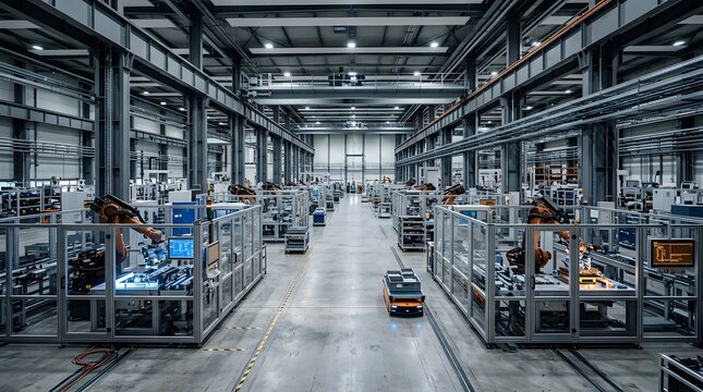 Modern Automated Factory with Industrial Robots and AGVs