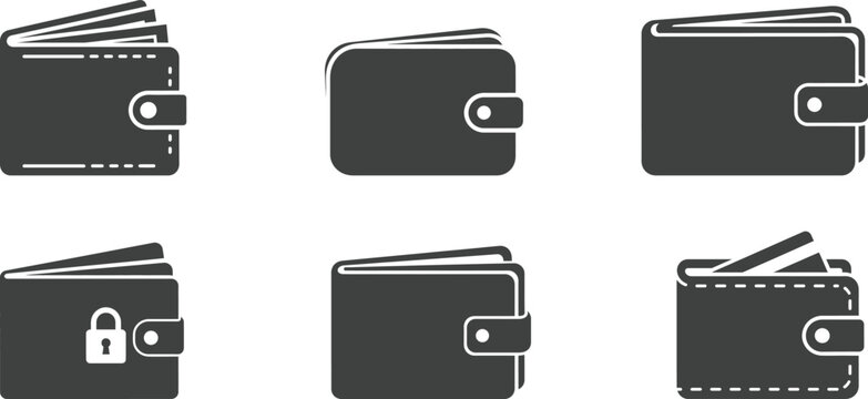 Wallet icon set six variations of closed and secured leather wallets