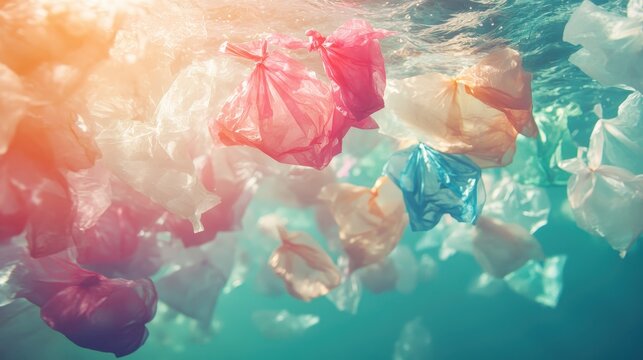 Brightly Colored Plastic Bags Floating Through Urban River Water Amidst Pollution