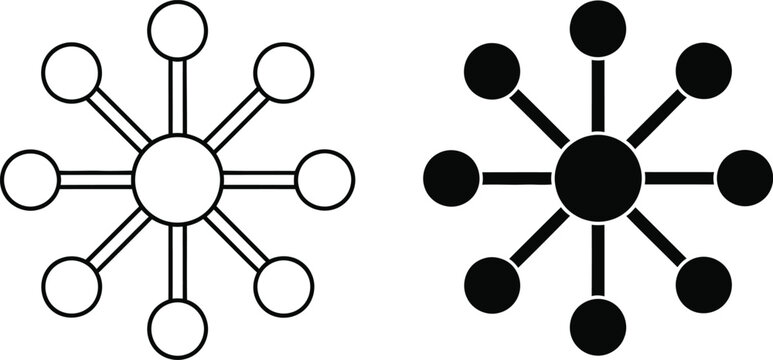 Network diagram icons black and white radial connection illustrations