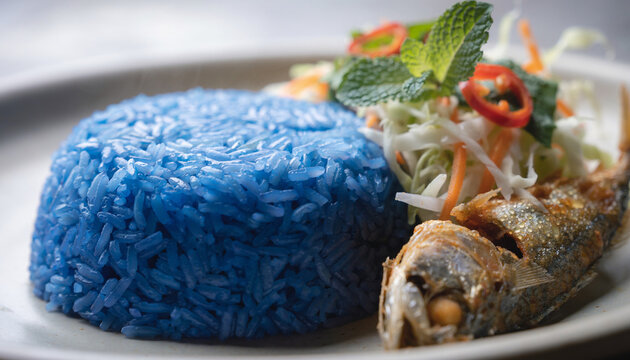 Malaysian Nasi Kerabu Blue Rice with Herbs and Fish