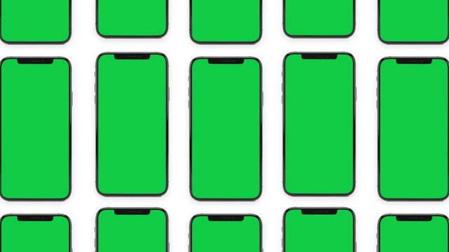 Repeating green smartphones with black outlines and top notch on a white background
