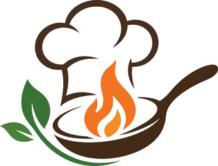 Culinary logo design chef hat frying pan flames and fresh herbs © Md. Al Amin Jony
