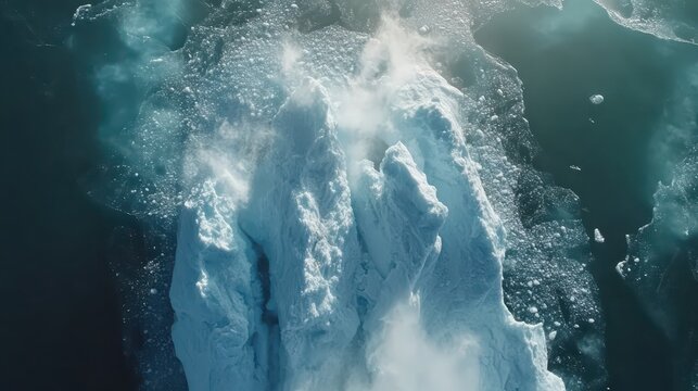 Dramatic melting iceberg in the Arctic, with visible ice breaking away, highlighting climate change effects and glacial melt.