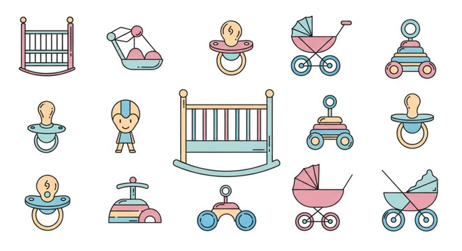 Collection of baby items and toys in a flat design style.