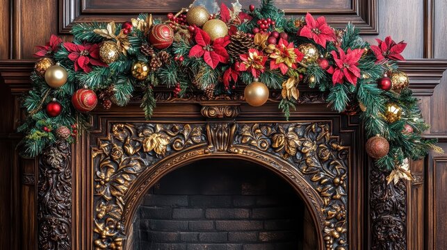 Festive Christmas garland of poinsettias ornaments and pinecones adorns a richly carved fireplace mantle
