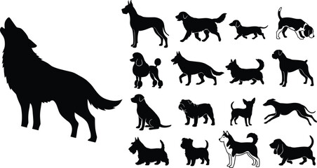 Dog and Wolf Silhouette Collection Set Various Breeds and Poses Black and White Vector Illustration Isolated on White Background for Animal and Pet Design © Nur