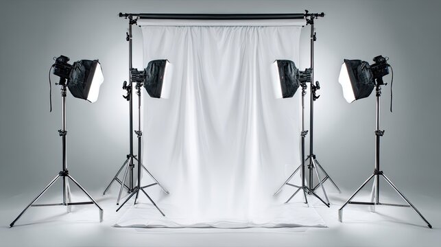 Professional  strobe lighting equipment illuminates a clean white backdrop setup for photography