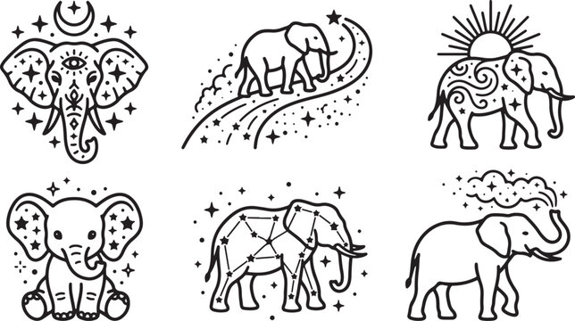 Collection of stylized elephant illustrations featuring mystical celestial elements and cosmic patterns in a clean black and white line art