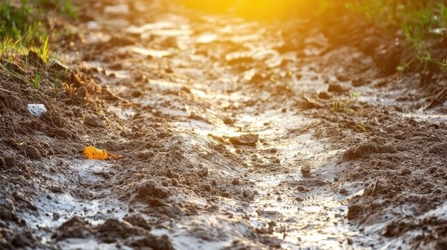 Close-up view of textured, damp soil with scattered debris under bright midday sunlight