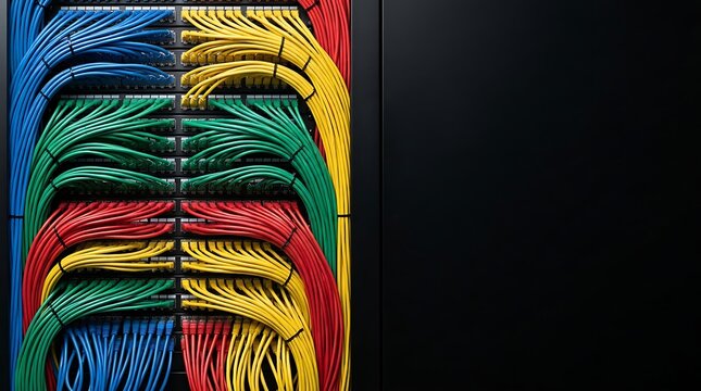 Color coded ethernet cable on network patch panel with dark empty copy space on the right side, concept of it infrastructure and data network server banner
