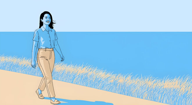 Illustration of a young woman enjoying a peaceful walk along a coastal path by the ocean, embracing nature and a healthy lifestyle.