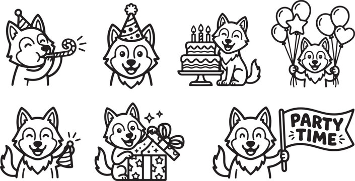 Set of cute husky dogs celebrating a birthday party with cake balloons presents and fun festive party hat accessories collection