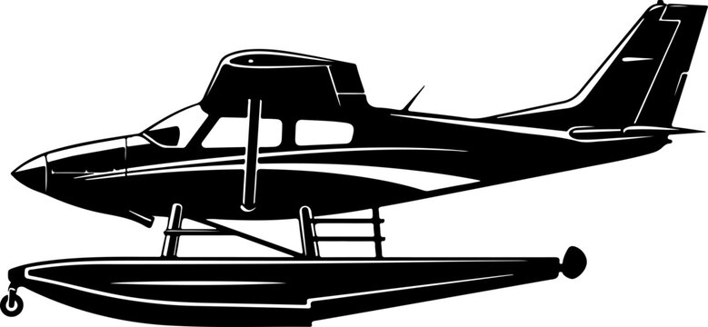 Amphibious airplane, seaplane vector, black silhouette, floatplane illustration, aircraft icon