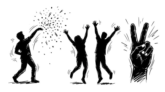 Dynamic black and white illustration of joyous people celebrating success with confetti and a hand expressing victory, capturing the spirit of triumph and festive fun