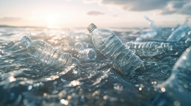 Discarded Plastic Bottles Floating on Ocean Waves Near a Polluted Beach Under Bright Lighting