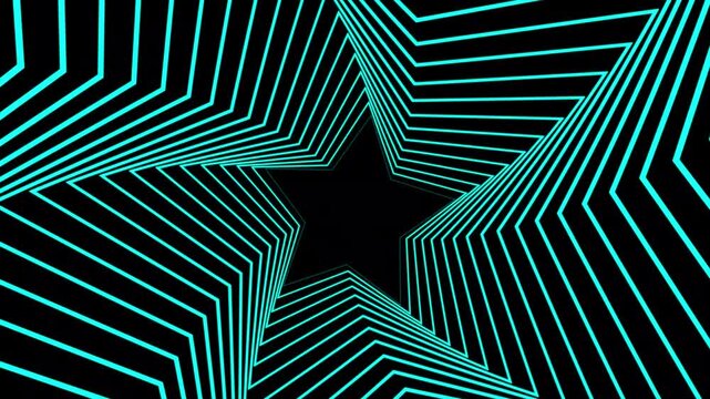 A geometric cyan star shape formed by concentric neon lines on a black background.