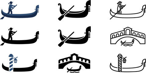 Venetian Gondola and Canal Icon Set Featuring Traditional Boats, Gondoliers, Bridges, and Waterfront Symbols for Travel and Heritage Designs © Md Monjurul