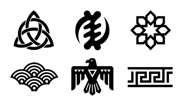 Set of 6 Black and White Cultural Symbols Vector Icons: Celtic Knot, Adinkra Gye Nyame, Geometric Flower, Japanese Waves, Thunderbird, Greek Meander