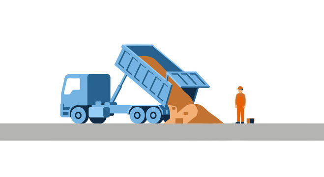Construction worker watching dump truck unload sand at work site