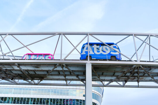 Frankfurt am Main, Germany - April 10, 2026: Two Airport Skyline Shuttle Monorail Trains Passing