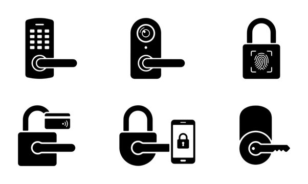 Smart Lock Icons Set: Digital Security, Keyless Entry, Biometric Access, Modern Door Hardware Vector Graphics