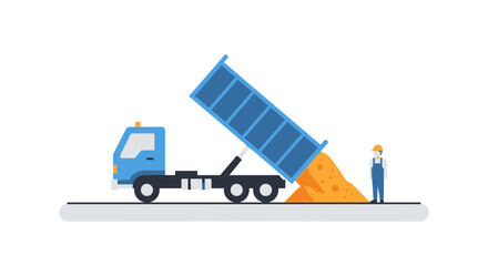 Construction Dump Truck Unloading Sand with Worker © penyok