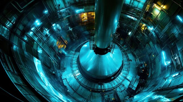 Inside the intricate core of a high-tech industrial power plant, showcasing immense energy generation equipment and detailed structural engineering.