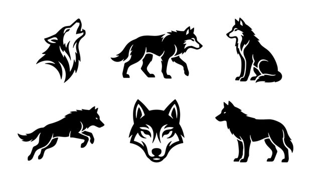 Wolf Icon Set, Wild Animal Vector Graphics, Silhouette Canine Illustrations, Nature Spirit Symbols