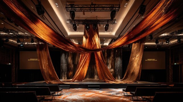 Ornate fabric draping dramatically decorates a large indoor presentation venue stage