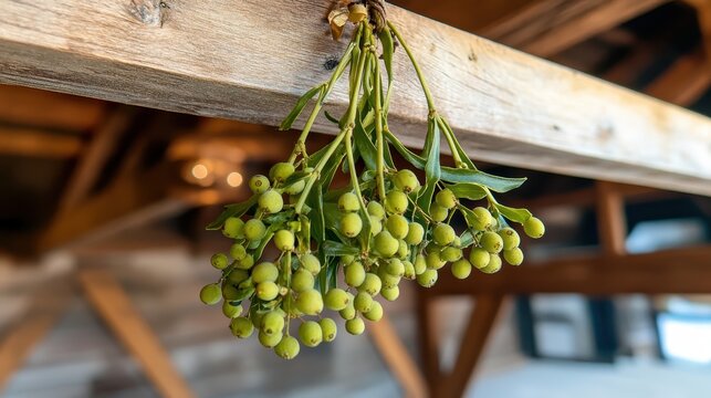 Festive Christmas mistletoe with ripe green berries hanging from a rustic wooden beam, evoking holiday tradition and romance.
