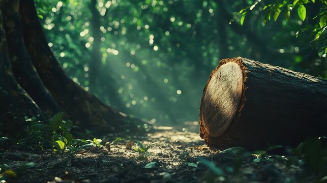 Felled tree trunk lies on forest floor with sunlight beams piercing the dense foliage, highlighting environmental deforestation.