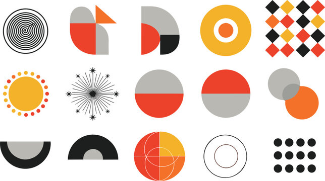 Collection of abstract Bauhaus style geometric shapes and minimalist mid century modern icons in red orange yellow and black for creative graphic design