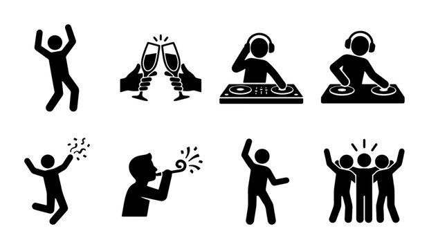Party Icons Set: Celebration, Dancing, DJ, Toasting, Cheers, Fun, Festive, Vector Graphics
