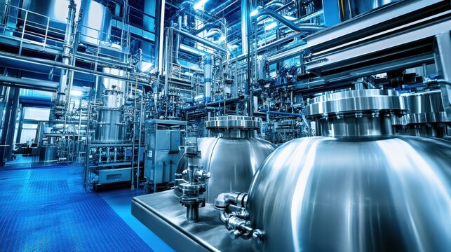 Intricate network of stainless steel tanks and pipes within a modern industrial chemical processing plant.