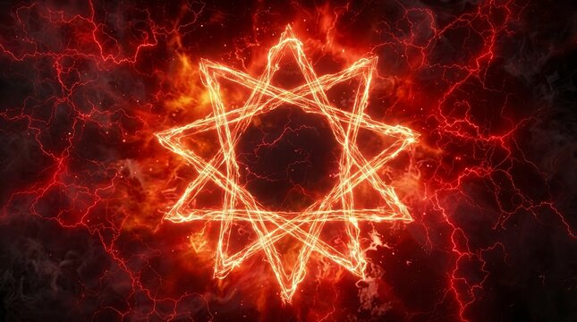 Mystical glowing ten-pointed star ablaze with fiery energy and lightning
