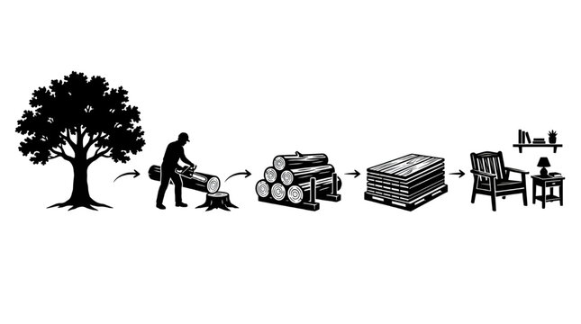 A comprehensive visual journey illustrating the transformation of a tree from a natural resource into processed lumber and finally into beautifully crafted wooden furniture pieces