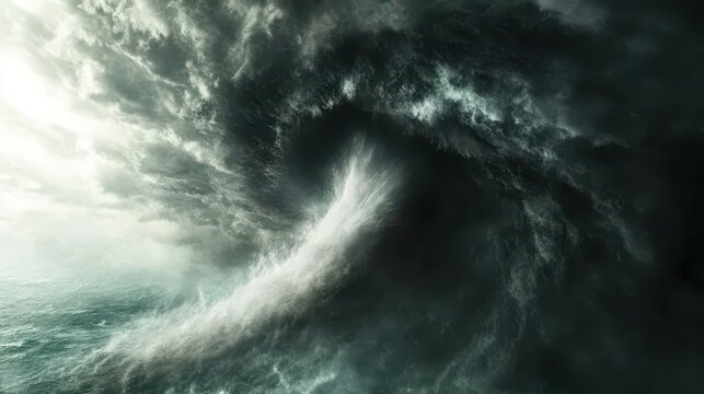 Massive Stormy Ocean Wave with Dark Clouds and Fierce Winds Creating an Intense Atmosphere