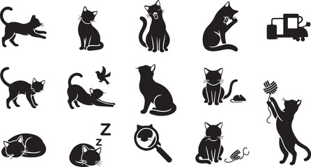 Black cat icons, feline silhouettes, kitty graphics, 16 vector illustrations © fksamia