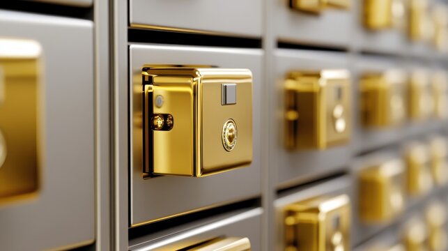 Gleaming Gold Vault Security Locks Arrayed in Modern Bank Deposit System