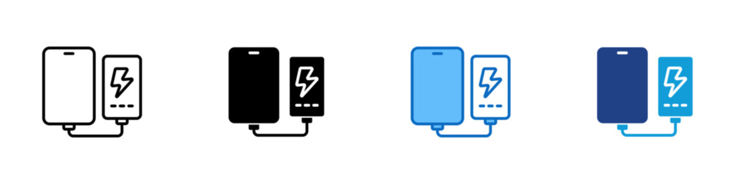 Device Charging Multiple Style Icon Design Vector - Power bank connected to smartphone representing mobile charging, power transfer, and energy supply