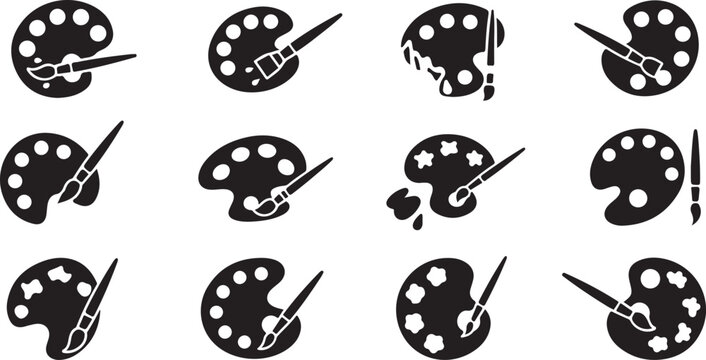 Black paintbrush, palette icons, artistic tools, vector graphics set