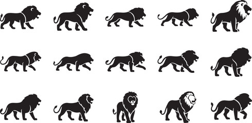 Fototapeta premium Lion silhouettes, black lion icons, walking lion graphics, animal symbols