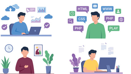 Fototapeta premium Flat Style Male Developer Working with Cloud Data Web Coding and Programming Technology Business Scenes Vector Set