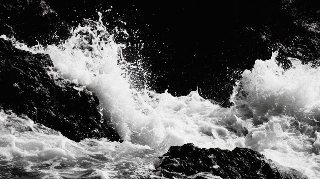 Powerful ocean waves dramatically crash against dark, rocky shores, showcasing nature's raw, untamed energy in monochrome.