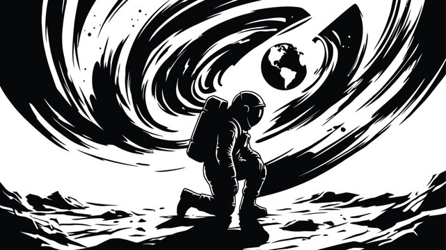 Astronaut on Moon with Earth and Abstract Swirls
