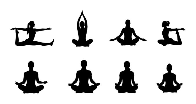 Yoga Poses Silhouettes: Diverse Meditative Figures for Wellness and Fitness Vector Set