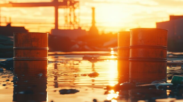 Orange industrial waste barrels float near a factory discharge outlet during a warm, golden hour sunset